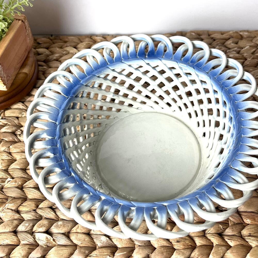 Vintage Blue & White Ceramic Lattice Weave Fruit Bowl Bassano Italy Hand Crafted